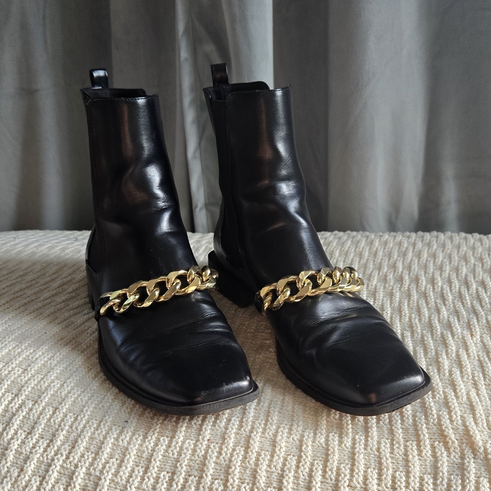 Zara Black Ankle Boots with Gold Chain Accent